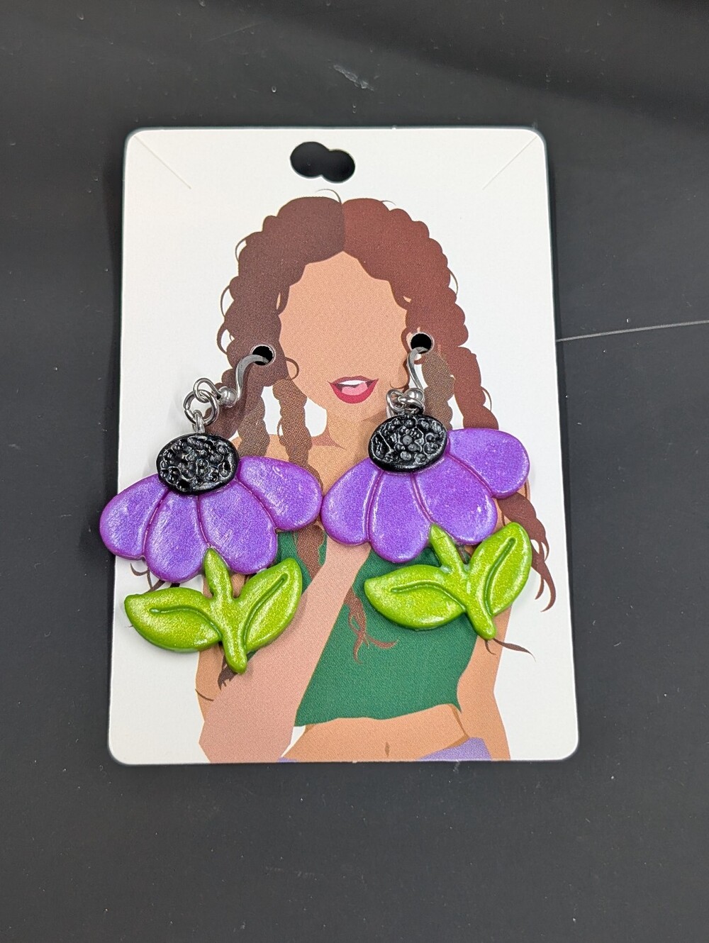Purple Flower Drop Earrings with Green Leaves